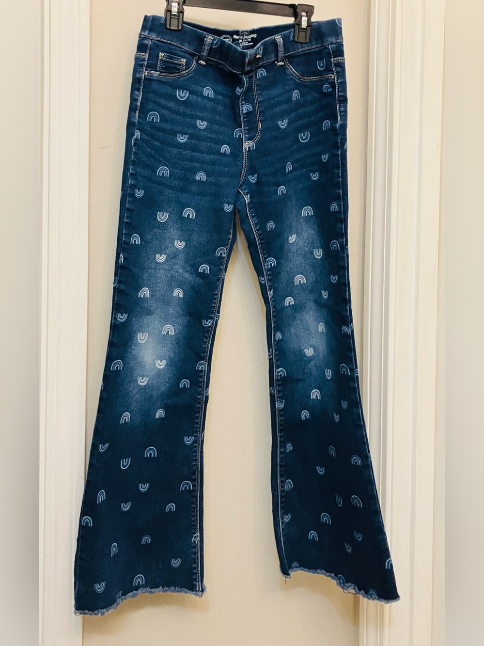 Girls Dark Blue Flared Jeans  Subtle Rainbow Motif, Elastic Waist Size XLG 14/16